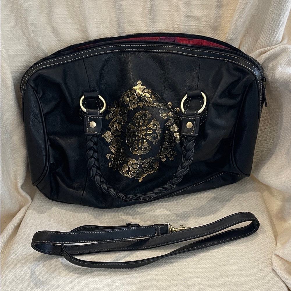 Solina blackLeatherette Handbag with Gold Accent